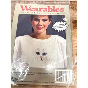 Vtg Wearables CatS Face Cross Stitch Kit Embroidery Craft Diy White Shirt Design